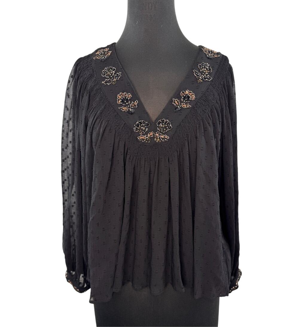 ZARA Black Blouse Floral Sheer Polka Dot Beaded Embroidered V-Neck Size Medium M